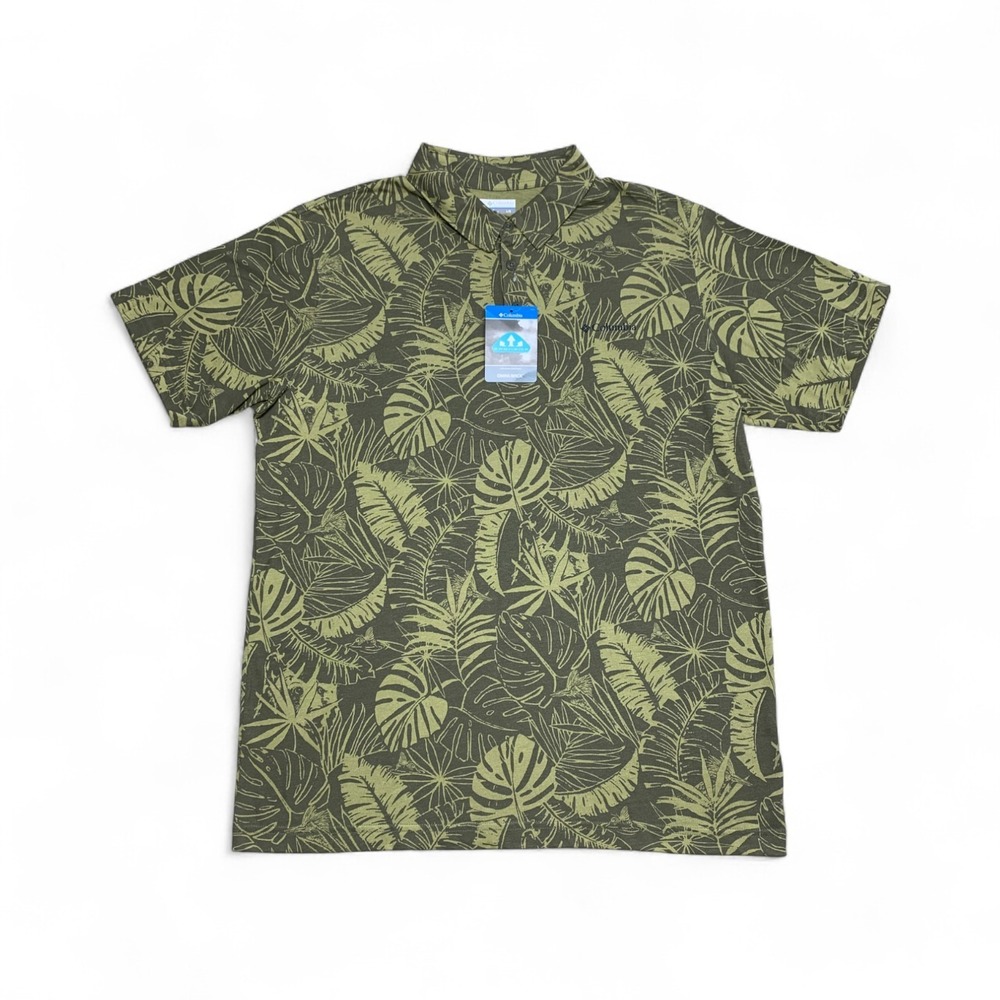 Columbia Thistletown OmniWick Golf Polo Shirt Mens L Green Palm Animal Print NWT